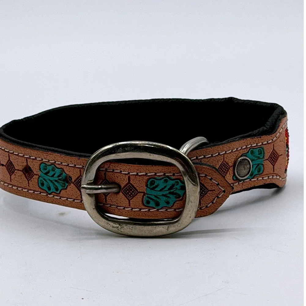 Myra Poppy of the Plains Beaded Leather Dog Collar Turquoise Western Small